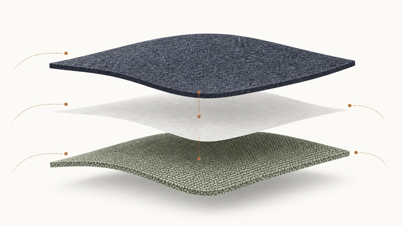 Diagram showing wool-like face fabric, bonding layer and backing fabric